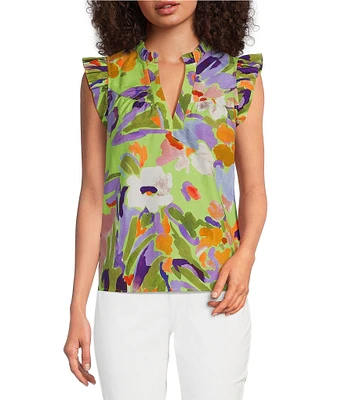 tyler boe Piper Floral Split Ruffle V-Neck Flutter Sleeve Top