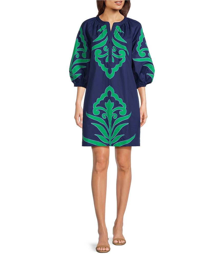 tyler boe Sara Printed Woven Split V-Neck Bracelet Sleeve Dolman Dress