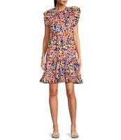 tyler boe Ursula Bouquet Print Round Ruffle Neck Cap Sleeve Tiered Skirt A-Line Dress