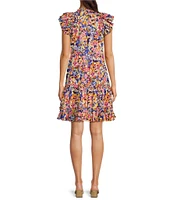 tyler boe Ursula Bouquet Print Round Ruffle Neck Cap Sleeve Tiered Skirt A-Line Dress