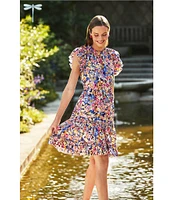 tyler boe Ursula Bouquet Print Round Ruffle Neck Cap Sleeve Tiered Skirt A-Line Dress