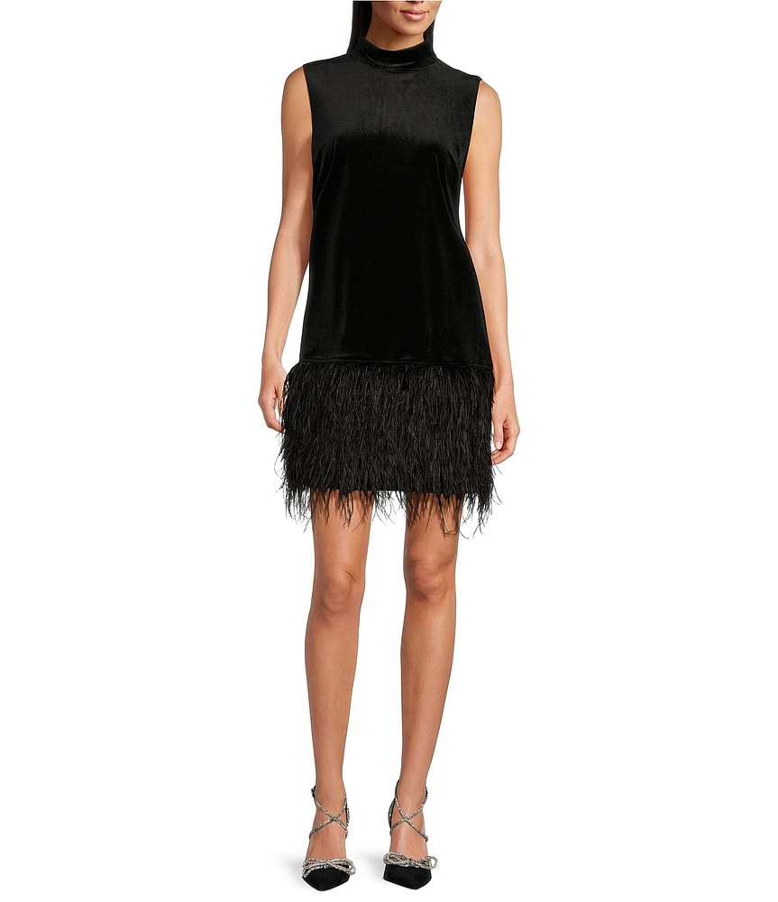 tyler boe Velvet Mock Neck Sleeveless Feather Trim Dress