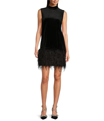 tyler boe Velvet Mock Neck Sleeveless Feather Trim Dress