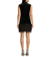 tyler boe Velvet Mock Neck Sleeveless Feather Trim Dress