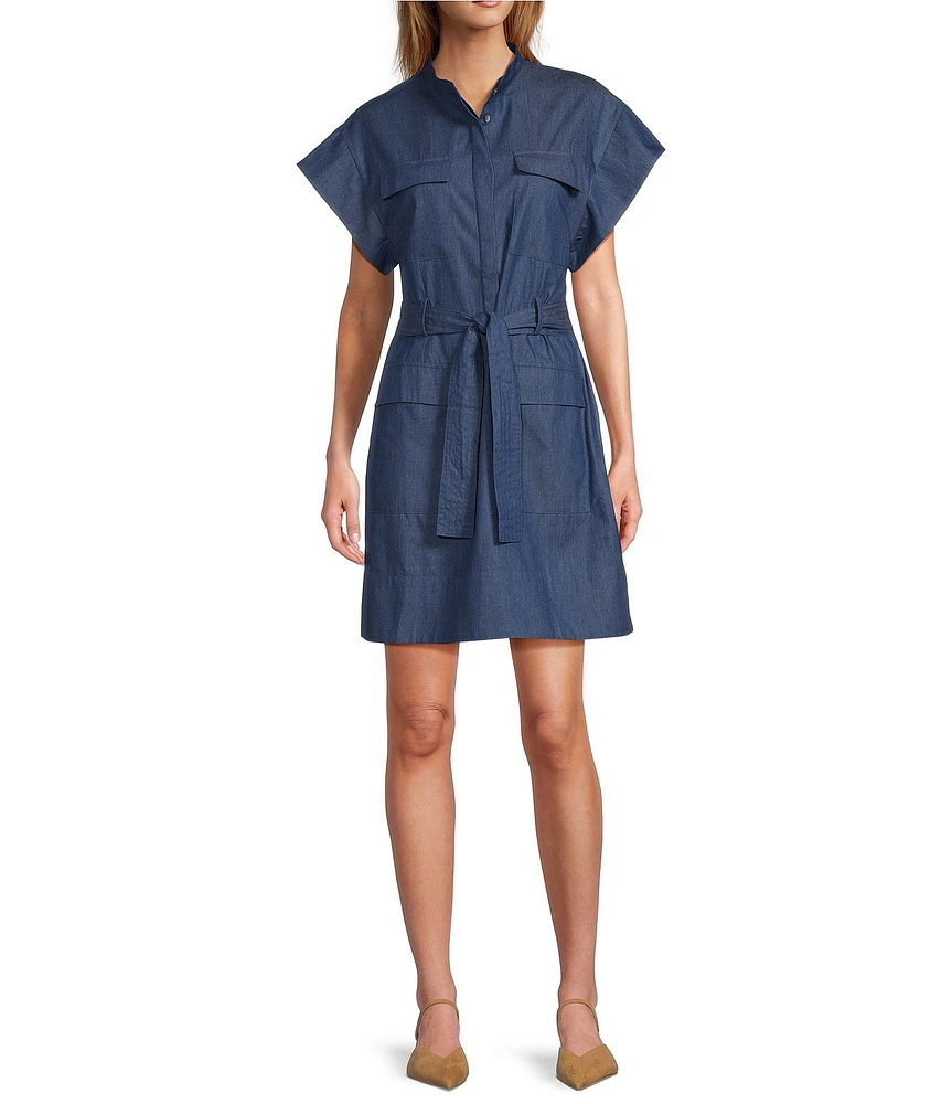 tyler boe Wendy Denim Mandarin Collar Cap Sleeve Patch Pocket Shirt Dress