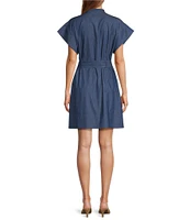 tyler boe Wendy Denim Mandarin Collar Cap Sleeve Patch Pocket Shirt Dress