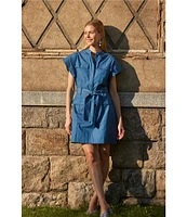 tyler boe Wendy Denim Mandarin Collar Cap Sleeve Patch Pocket Shirt Dress