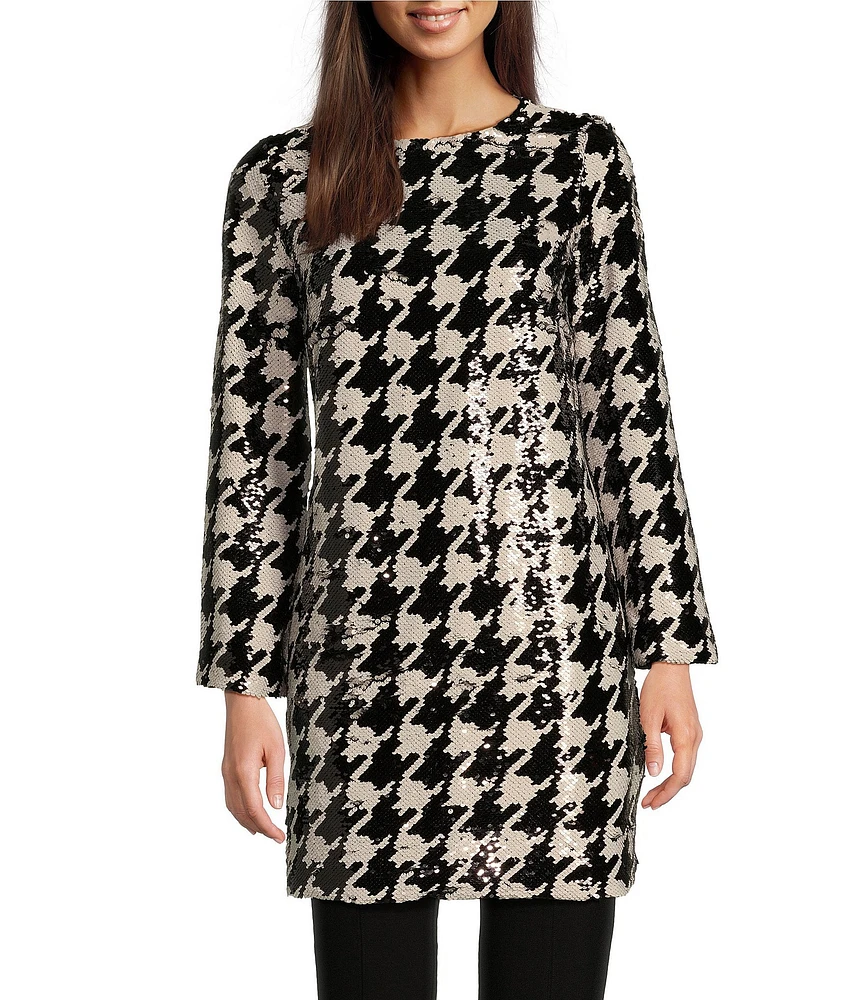 tyler boe Woven Sequin Houndstooth Print Crew Neck Long Bell Sleeve Tunic