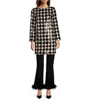 tyler boe Woven Sequin Houndstooth Print Crew Neck Long Bell Sleeve Tunic