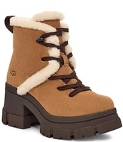 UGG Brooklyn Hiker Suede Fur Trimmed Platform Block Heel Booties