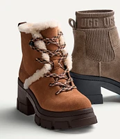 UGG Brooklyn Hiker Suede Fur Trimmed Platform Block Heel Booties