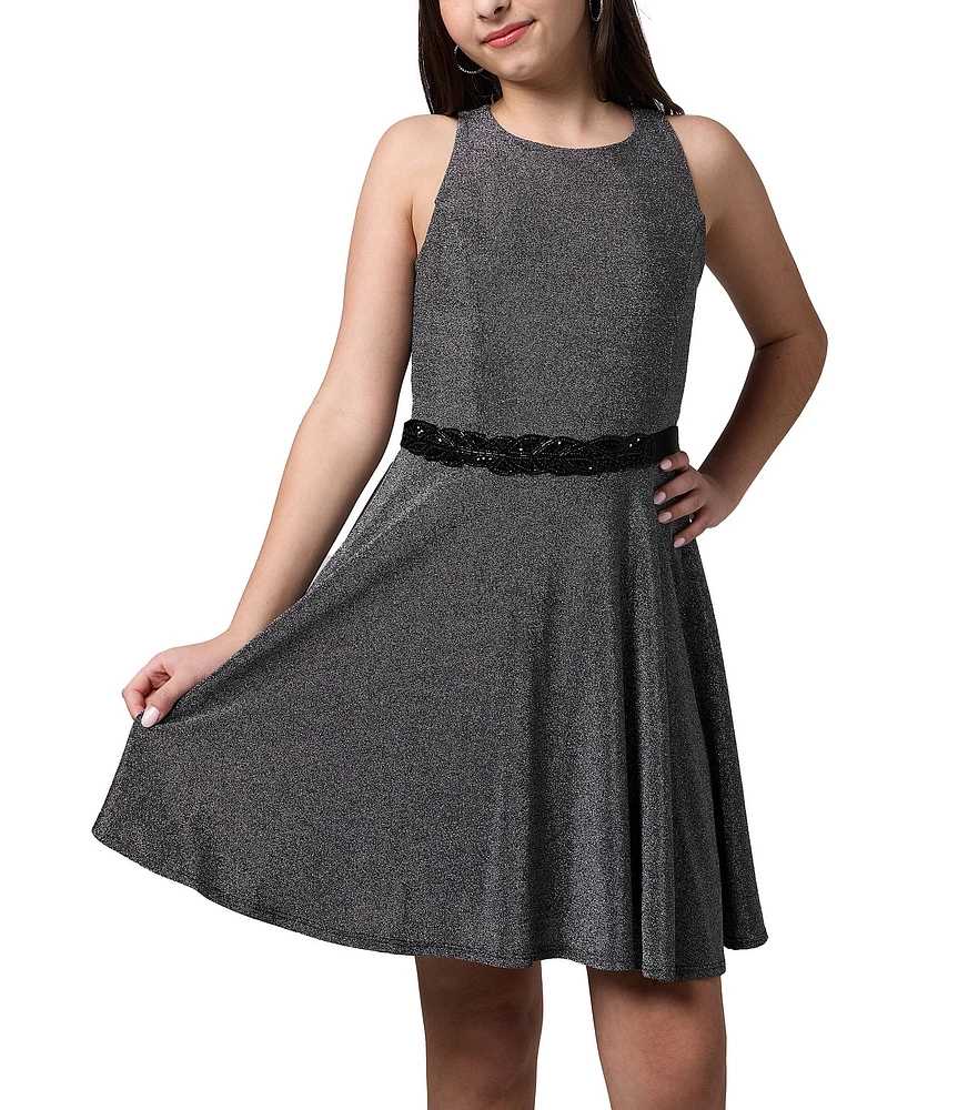 Un Deux Trois Big Girls 7-16 Glitter Knit Racerback Jeweled Waist Dress