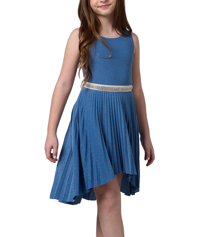 Un Deux Trois Big Girls Glitter Pleated Sleeveless Jewel Waist High Low Dress