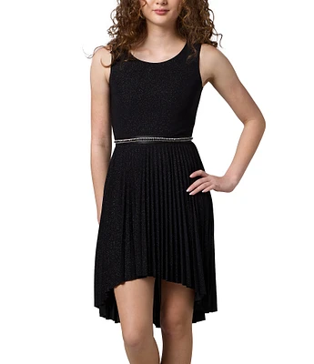 Un Deux Trois Big Girls 7-16 Glitter Pleated Sleeveless Jewel Waist High Low Dress
