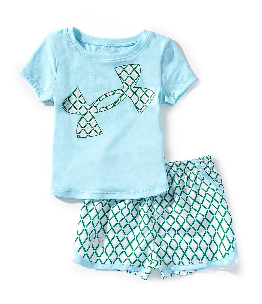 Under Armour Baby Girls 12-24 Months Short Sleeve Printed Logo Tech Jersey T-Shirt & Grid-Print Woven Microfiber Shorts Set