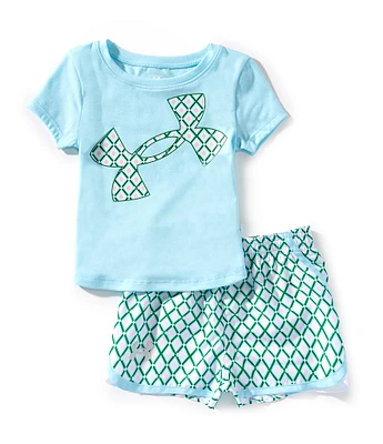 Under Armour Baby Girls 12-24 Months Short Sleeve Printed Logo Tech Jersey T-Shirt & Grid-Print Woven Microfiber Shorts Set
