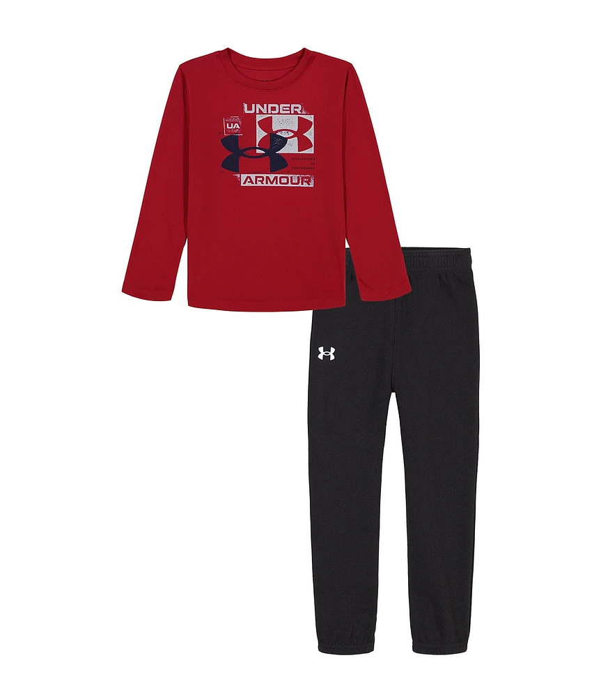 Under Armour Little Boys 2T-7 Long Sleeve UA Tech™ Stamp Logo Graphic T-Shirt & Fleece Jogger Pant Set