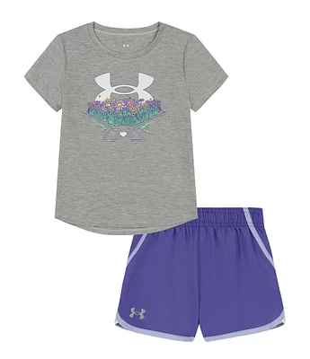 Under Armour Little Girls 2T-6X Short Sleeve Daisy Field T-Shirt & Solid Shorts Set