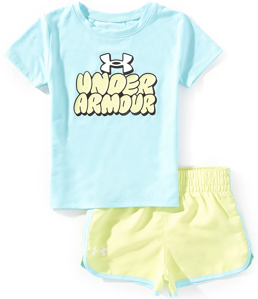 Under Armour Little Girls 2T-6X Short Sleeve Grid Tech Jersey T-Shirt & Ripstop Shorts Set