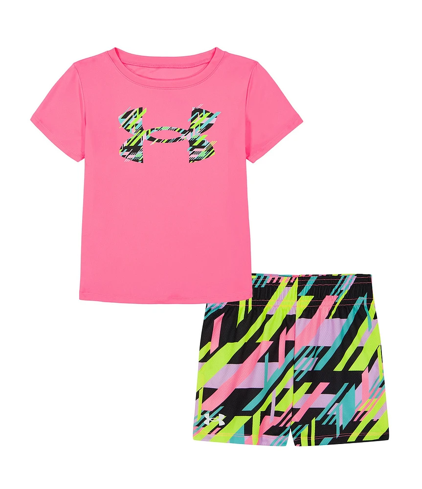 Under Armour Little Girls 2T-6X Short Sleeve Icon Logo T-Shirt & Printed Shorts Set