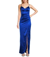 Honey and Rosie V-Neck Pleated Side Slit Corset Gown