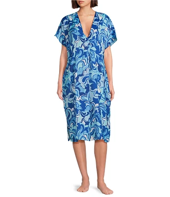 VAN WINKLE & CO. Boho Breeze Print V-Neck Short Dolman Sleeve Satin Midi Caftan