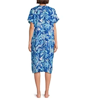VAN WINKLE & CO. Boho Breeze Print V-Neck Short Dolman Sleeve Satin Midi Caftan