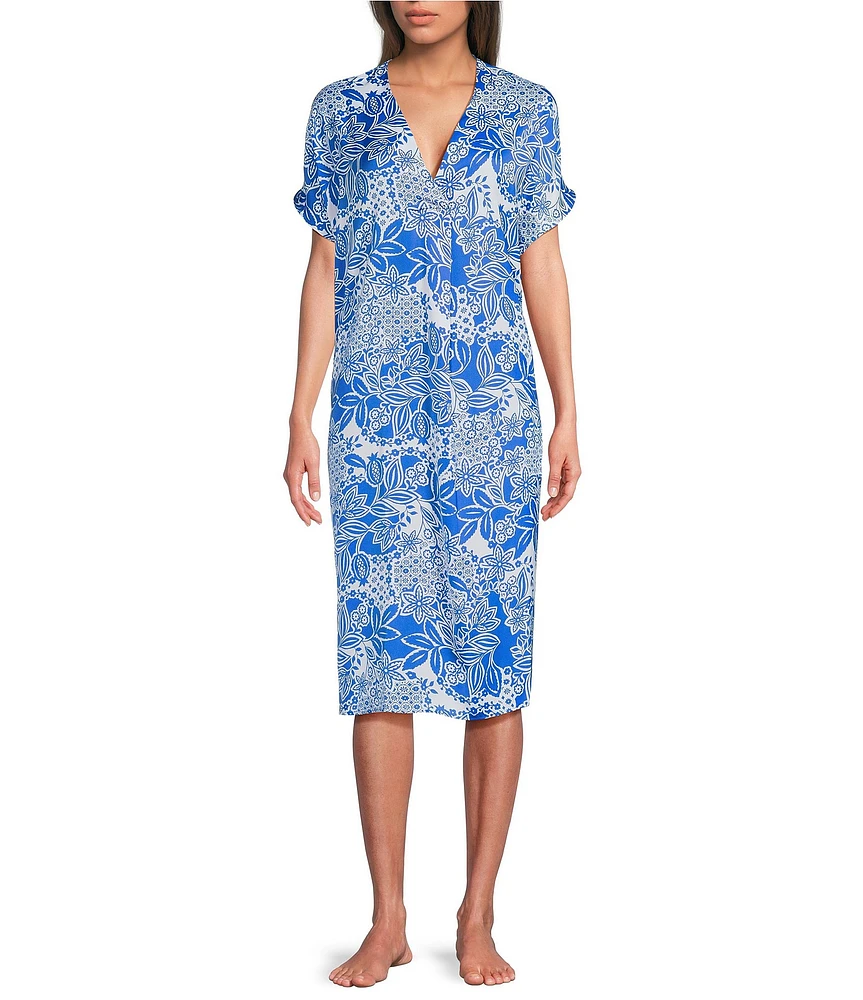 VAN WINKLE & CO. Geo Floral Print V-Neck Short Dolman Sleeve Satin Midi Caftan