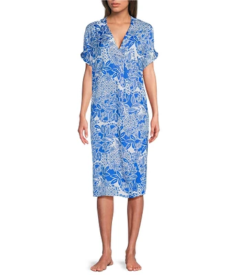 VAN WINKLE & CO. Geo Floral Print V-Neck Short Dolman Sleeve Satin Midi Caftan