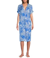 VAN WINKLE & CO. Geo Floral Print V-Neck Short Dolman Sleeve Satin Midi Caftan