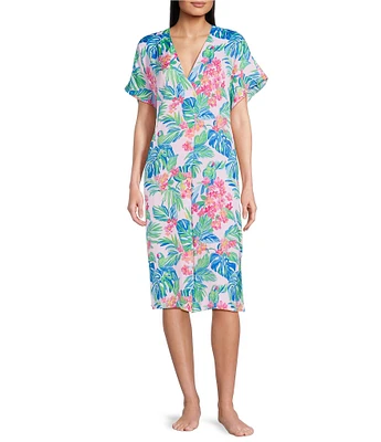 VAN WINKLE & CO. Jungle Parrot Print V-Neck Short Dolman Sleeve Satin Midi Caftan