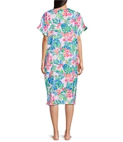 VAN WINKLE & CO. Jungle Parrot Print V-Neck Short Dolman Sleeve Satin Midi Caftan