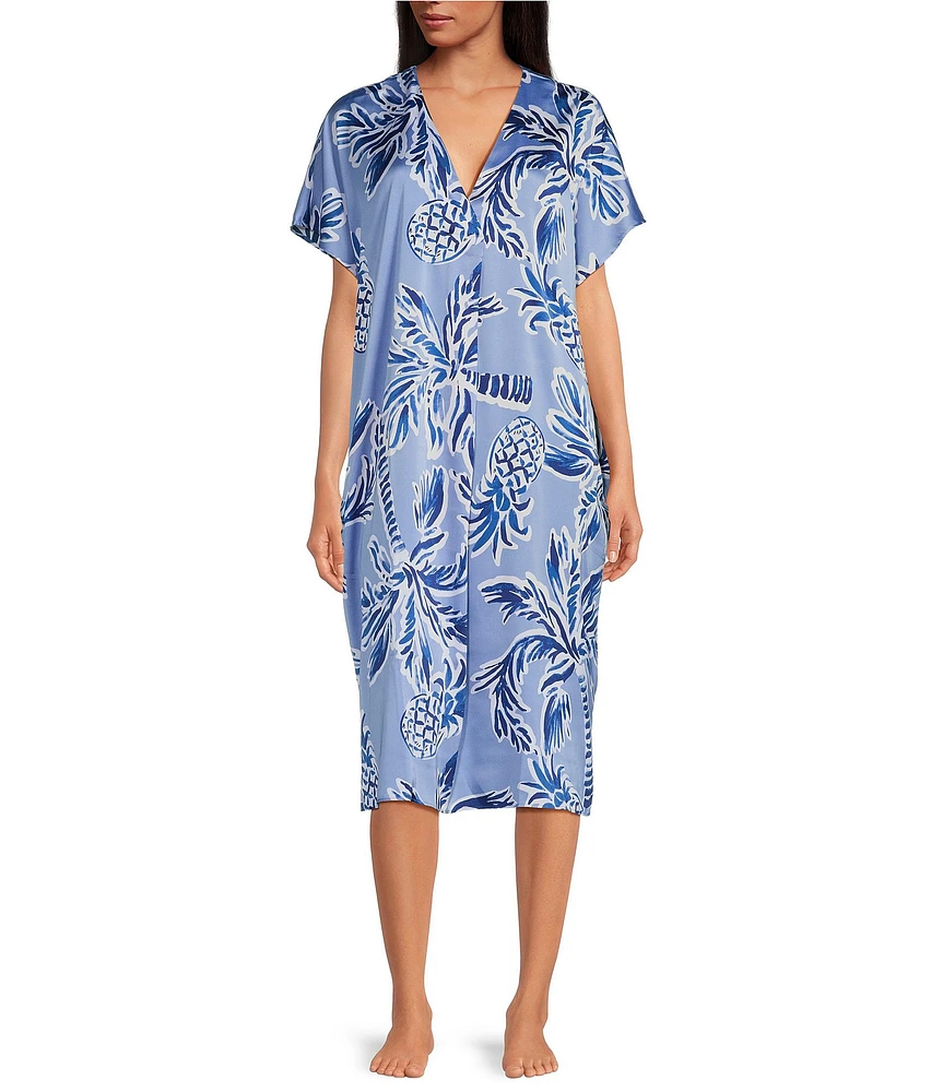 VAN WINKLE & CO. Painted Palm Print V-Neck Short Dolman Sleeve Satin Midi Caftan