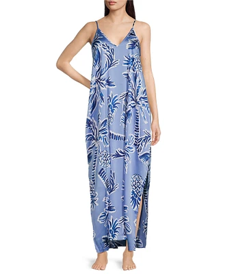 VAN WINKLE & CO. Painted Palm Print Woven Satin V-Neck Sleeveless Maxi Chemise