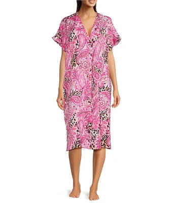 VAN WINKLE & CO. Paisley Animal Print V-Neck Short Dolman Sleeve Satin Midi Caftan