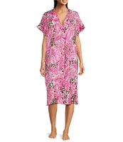 VAN WINKLE & CO. Paisley Animal Print V-Neck Short Dolman Sleeve Satin Midi Caftan