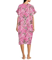 VAN WINKLE & CO. Paisley Animal Print V-Neck Short Dolman Sleeve Satin Midi Caftan
