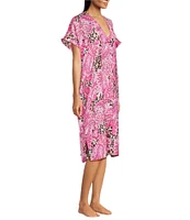 VAN WINKLE & CO. Paisley Animal Print V-Neck Short Dolman Sleeve Satin Midi Caftan