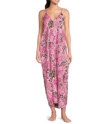 VAN WINKLE & CO. Paisley Animal Print Woven Satin V-Neck Sleeveless Maxi Chemise