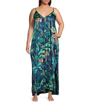 VAN WINKLE & CO. Plus Size Jungle Cat Print Woven Satin V-Neck Sleeveless Pocketed Maxi Chemise