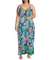 VAN WINKLE & CO. Plus Size Jungle Floral Print Woven Satin V-Neck Sleeveless Maxi Chemise