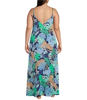 VAN WINKLE & CO. Plus Size Jungle Floral Print Woven Satin V-Neck Sleeveless Maxi Chemise