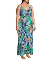 VAN WINKLE & CO. Plus Size Jungle Floral Print Woven Satin V-Neck Sleeveless Maxi Chemise