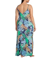 VAN WINKLE & CO. Plus Size Jungle Floral Print Woven Satin V-Neck Sleeveless Maxi Chemise