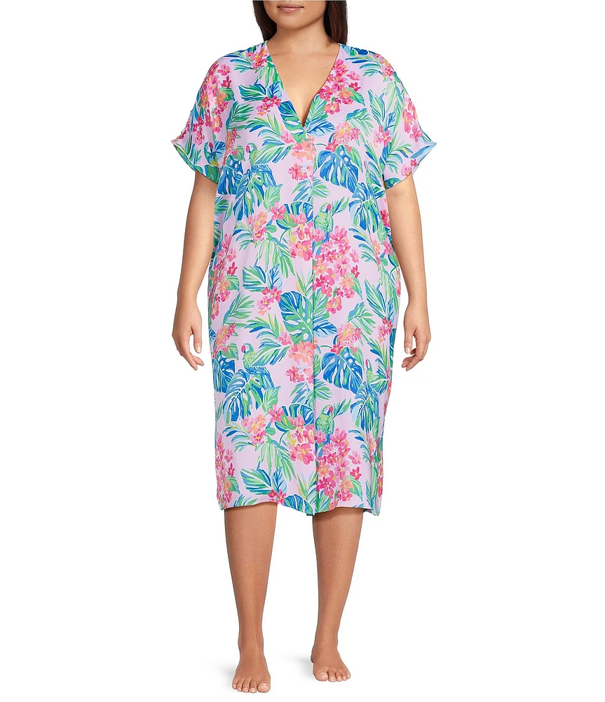 VAN WINKLE & CO. Plus Size Jungle Parrot Print V-Neck Short Dolman Sleeve Satin Midi Caftan