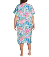 VAN WINKLE & CO. Plus Size Jungle Parrot Print V-Neck Short Dolman Sleeve Satin Midi Caftan