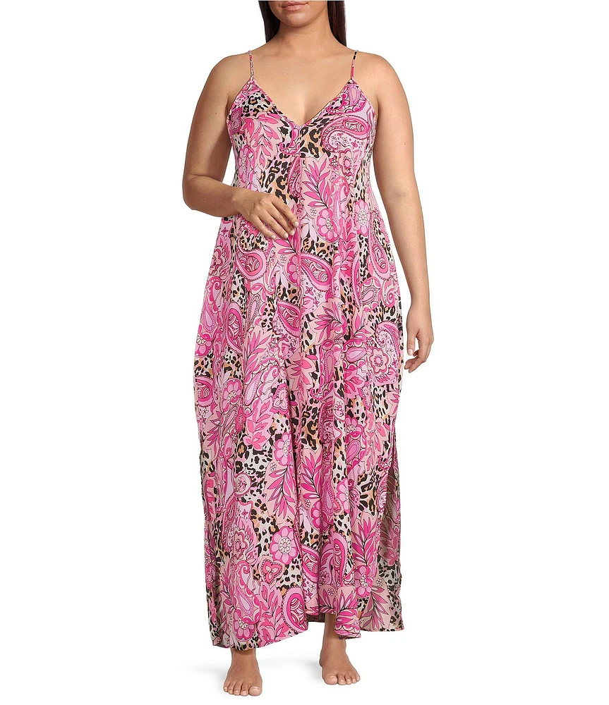VAN WINKLE & CO. Plus Size Paisley Animal Print Woven Satin V-Neck Sleeveless Maxi Chemise