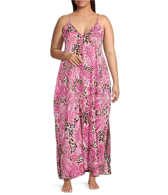VAN WINKLE & CO. Plus Size Paisley Animal Print Woven Satin V-Neck Sleeveless Maxi Chemise