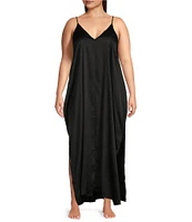 VAN WINKLE & CO. Plus Size Solid Satin Sleeveless V-Neck Side Pocket Maxi Chemise