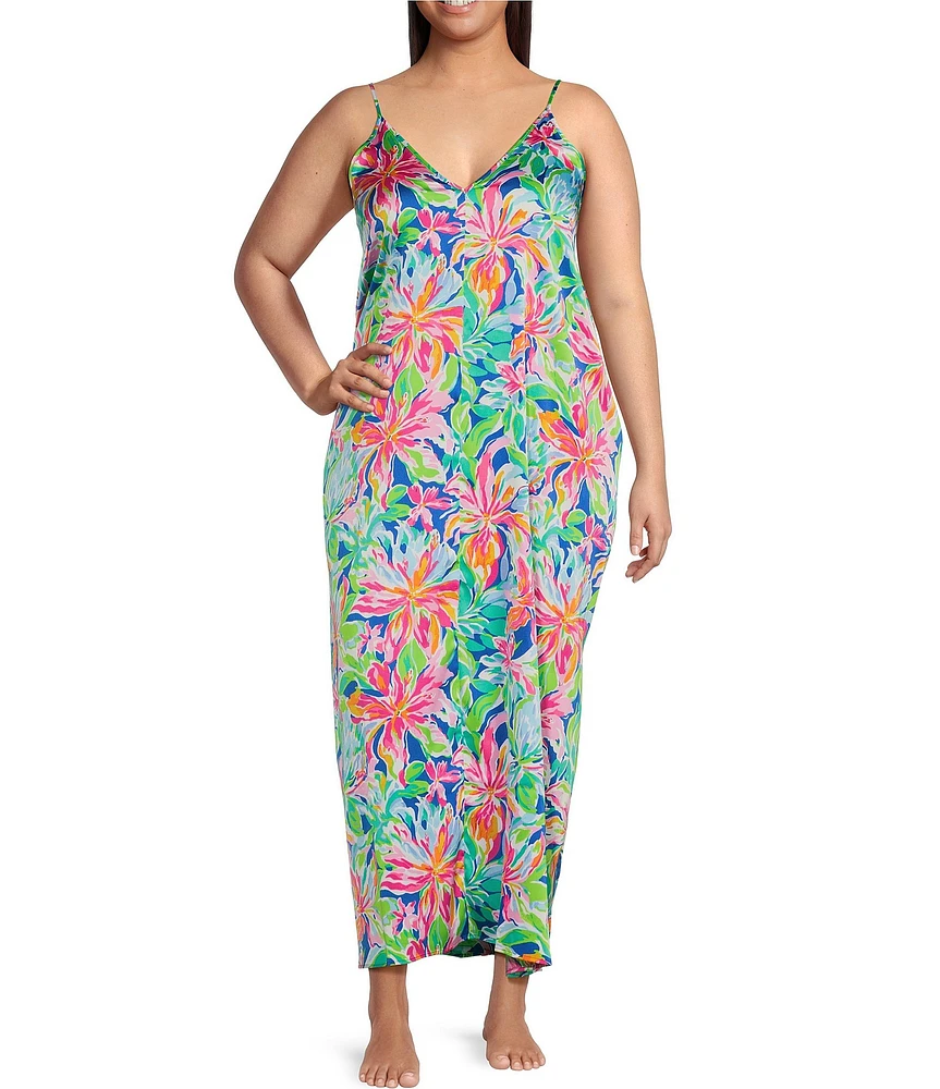 VAN WINKLE & CO. Plus Size Tropical Floral Print Woven Satin V-Neck Sleeveless Maxi Chemise